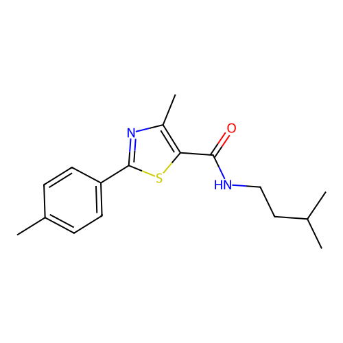 4-methyl-N-(3-methylbutyl)-2-(4-methylphenyl)-1,3-thiazole-5-carboxamide structure