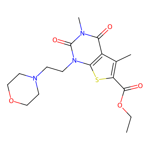 ethyl 3,5-dimethyl-1-(2-morpholinoethyl)-2,4-dioxo-1,2,3,4-tetrahydrothieno[2,3-d]pyrimidine-6-carboxylate structure