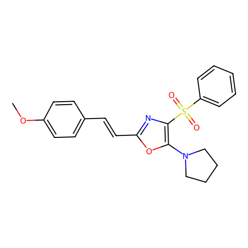 (E)-2-(4-methoxystyryl)-4-(phenylsulfonyl)-5-(pyrrolidin-1-yl)oxazole structure