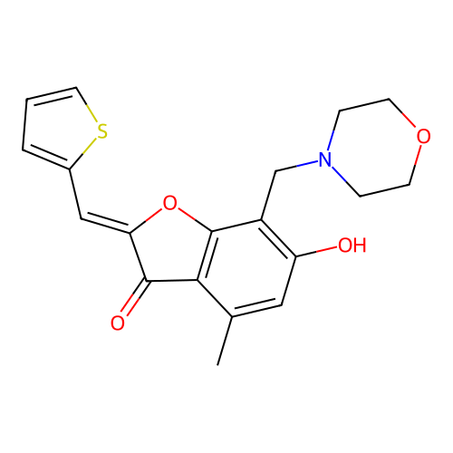 (Z)-6-hydroxy-4-methyl-7-(morpholinomethyl)-2-(thiophen-2-ylmethylene)benzofuran-3(2H)-one structure