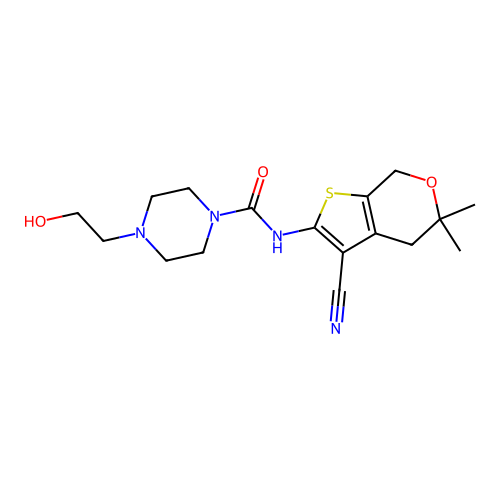 N-(3-cyano-5,5-dimethyl-4,7-dihydrothieno[2,3-c]pyran-2-yl)-4-(2-hydroxyethyl)piperazine-1-carboxamide structure