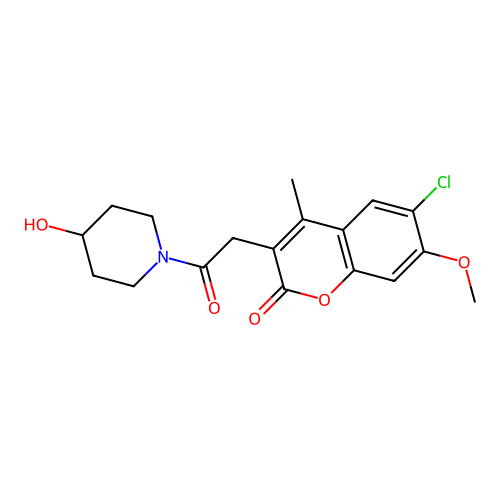 6-chloro-3-(2-(4-hydroxypiperidin-1-yl)-2-oxoethyl)-7-methoxy-4-methyl-2H-chromen-2-one structure