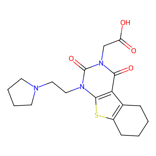 2-(2,4-dioxo-1-(2-(pyrrolidin-1-yl)ethyl)-1,2,5,6,7,8-hexahydrobenzo[4,5]thieno[2,3-d]pyrimidin-3(4H)-yl)acetic acid structure
