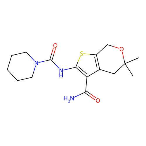 N-(3-carbamoyl-5,5-dimethyl-4,7-dihydrothieno[2,3-c]pyran-2-yl)piperidine-1-carboxamide structure