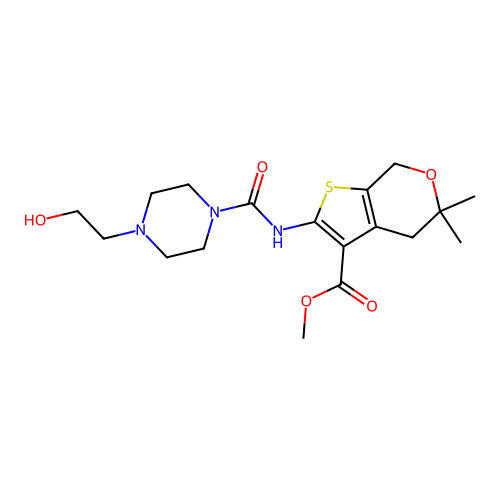 methyl 2-[[4-(2-hydroxyethyl)piperazine-1-carbonyl]amino]-5,5-dimethyl-4,7-dihydrothieno[2,3-c]pyran-3-carboxylate structure
