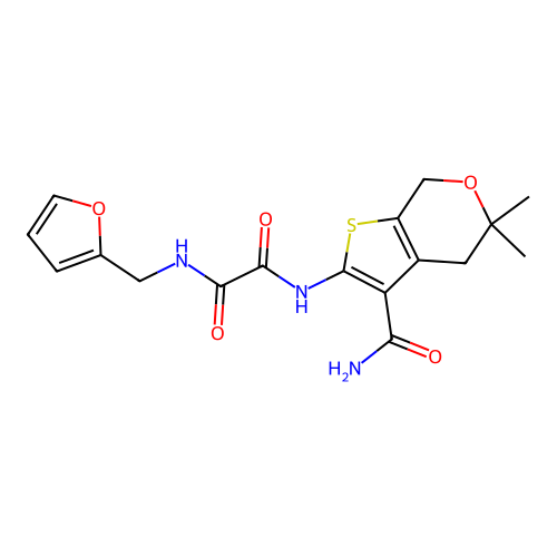 N'-(3-carbamoyl-5,5-dimethyl-4,7-dihydrothieno[2,3-c]pyran-2-yl)-N-(furan-2-ylmethyl)oxamide structure