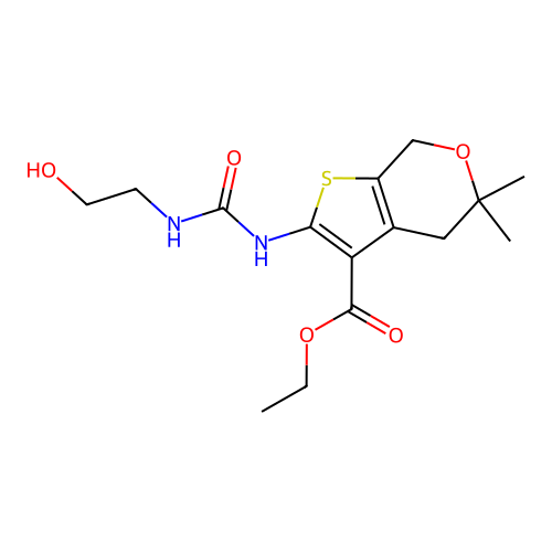 ethyl 2-(2-hydroxyethylcarbamoylamino)-5,5-dimethyl-4,7-dihydrothieno[2,3-c]pyran-3-carboxylate structure