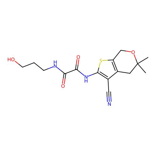N'-(3-cyano-5,5-dimethyl-4,7-dihydrothieno[2,3-c]pyran-2-yl)-N-(3-hydroxypropyl)oxamide structure