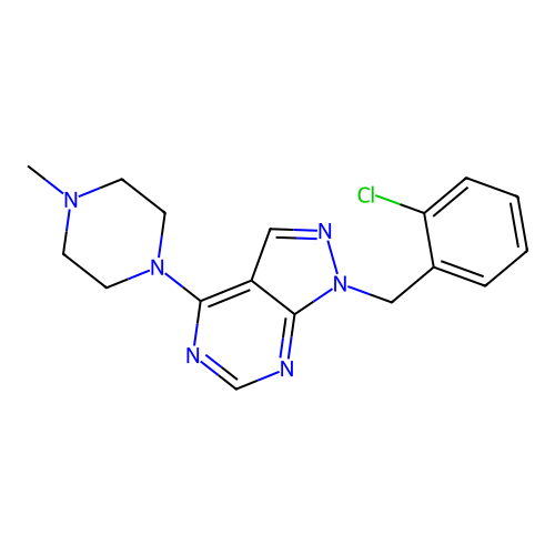 1-(2-chlorobenzyl)-4-(4-methylpiperazin-1-yl)-1H-pyrazolo[3,4-d]pyrimidine structure