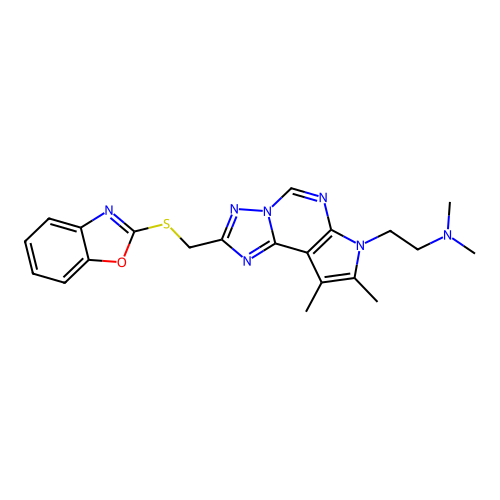2-{2-[(1,3-benzoxazol-2-ylsulfanyl)methyl]-8,9-dimethyl-7H-pyrrolo[3,2-e][1,2,4]triazolo[1,5-c]pyrimidin-7-yl}-N,N-dimethylethanamine structure