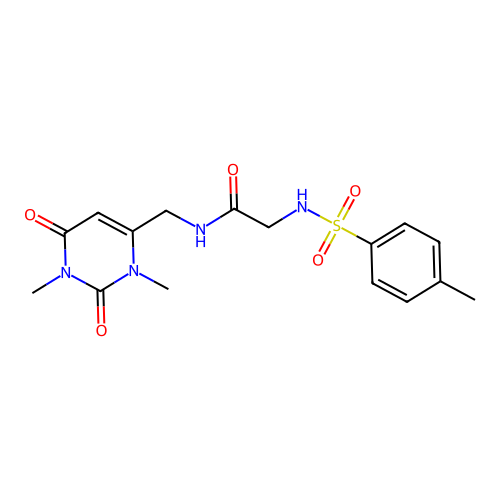 N-((1,3-dimethyl-2,6-dioxo-1,2,3,6-tetrahydropyrimidin-4-yl)methyl)-2-(4-methylphenylsulfonamido)acetamide structure