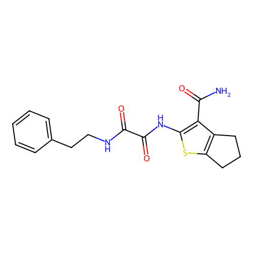 N'-(3-carbamoyl-5,6-dihydro-4H-cyclopenta[b]thiophen-2-yl)-N-phenethyloxamide structure