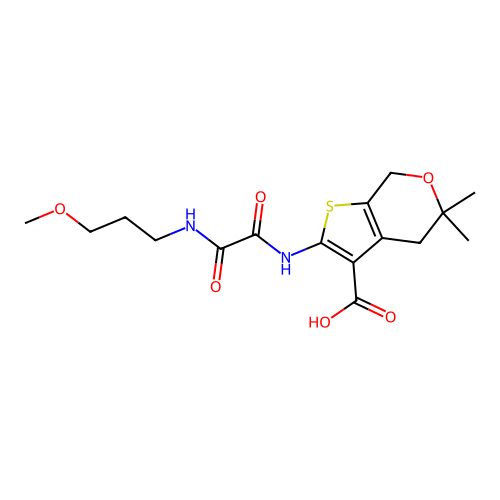 2-({[(3-methoxypropyl)amino](oxo)acetyl}amino)-5,5-dimethyl-4,7-dihydro-5H-thieno[2,3-c]pyran-3-carboxylic acid structure