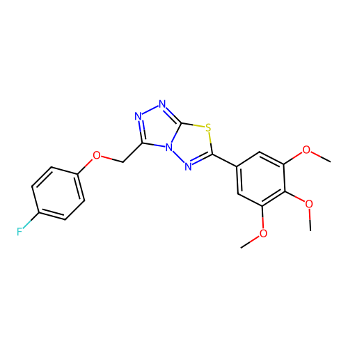3-[(4-fluorophenoxy)methyl]-6-(3,4,5-trimethoxyphenyl)-[1,2,4]triazolo[3,4-b][1,3,4]thiadiazole structure