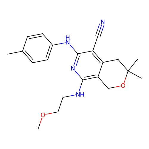 8-((2-methoxyethyl)amino)-3,3-dimethyl-6-(p-tolylamino)-3,4-dihydro-1H-pyrano[3,4-c]pyridine-5-carbonitrile structure