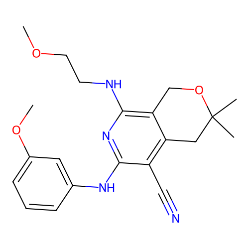 6-(3-methoxyanilino)-8-(2-methoxyethylamino)-3,3-dimethyl-1,4-dihydropyrano[3,4-c]pyridine-5-carbonitrile structure
