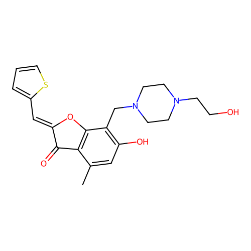 (Z)-6-hydroxy-7-((4-(2-hydroxyethyl)piperazin-1-yl)methyl)-4-methyl-2-(thiophen-2-ylmethylene)benzofuran-3(2H)-one structure