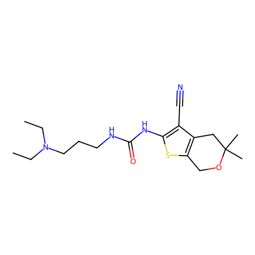 1-(3-cyano-5,5-dimethyl-4,7-dihydrothieno[2,3-c]pyran-2-yl)-3-[3-(diethylamino)propyl]urea structure