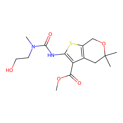 methyl 2-(3-(2-hydroxyethyl)-3-methylureido)-5,5-dimethyl-5,7-dihydro-4H-thieno[2,3-c]pyran-3-carboxylate structure