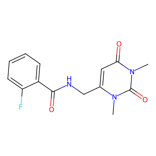 N-((1,3-dimethyl-2,6-dioxo-1,2,3,6-tetrahydropyrimidin-4-yl)methyl)-2-fluorobenzamide structure