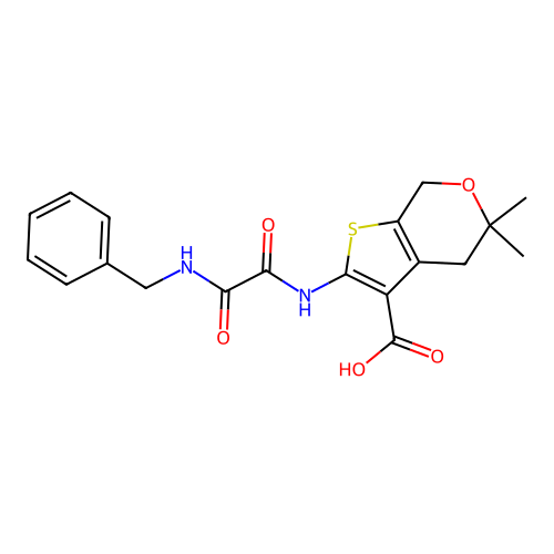 2-(2-(benzylamino)-2-oxoacetamido)-5,5-dimethyl-5,7-dihydro-4H-thieno[2,3-c]pyran-3-carboxylic acid structure