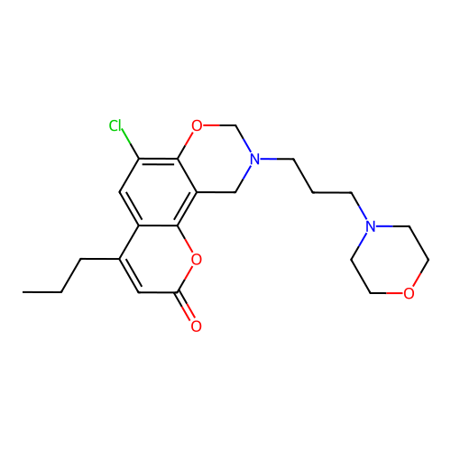 6-chloro-9-(3-morpholinopropyl)-4-propyl-9,10-dihydrochromeno[8,7-e][1,3]oxazin-2(8H)-one structure