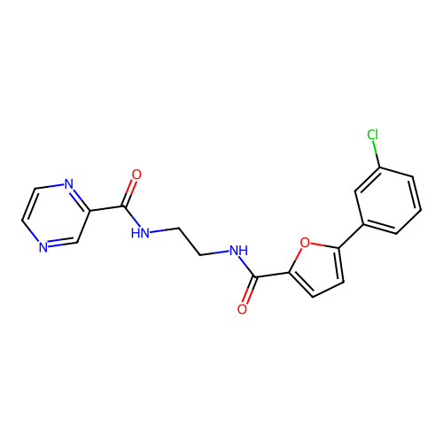 N-(2-(5-(3-chlorophenyl)furan-2-carboxamido)ethyl)pyrazine-2-carboxamide structure