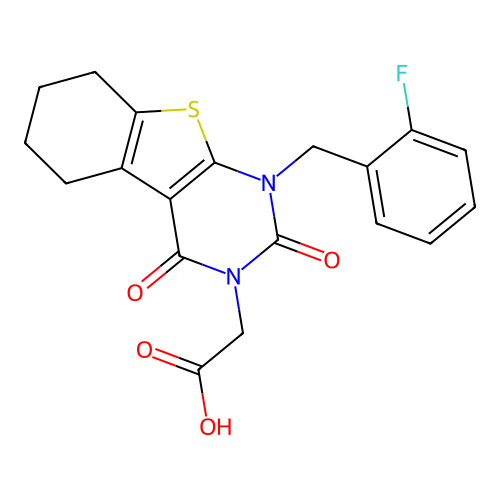 2-(1-(2-fluorobenzyl)-2,4-dioxo-1,2,5,6,7,8-hexahydrobenzo[4,5]thieno[2,3-d]pyrimidin-3(4H)-yl)acetic acid structure