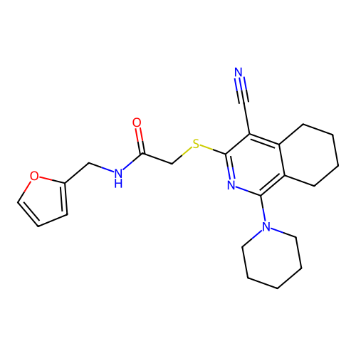 2-((4-cyano-1-(piperidin-1-yl)-5,6,7,8-tetrahydroisoquinolin-3-yl)thio)-N-(furan-2-ylmethyl)acetamide structure