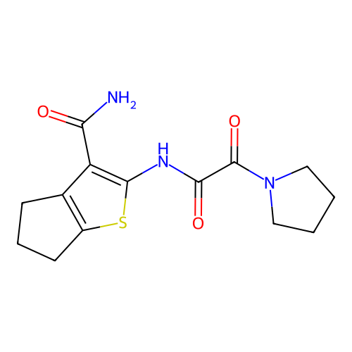 2-[(2-oxo-2-pyrrolidin-1-ylacetyl)amino]-5,6-dihydro-4H-cyclopenta[b]thiophene-3-carboxamide structure