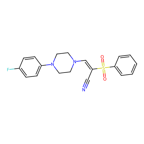 (E)-3-(4-(4-fluorophenyl)piperazin-1-yl)-2-(phenylsulfonyl)acrylonitrile structure