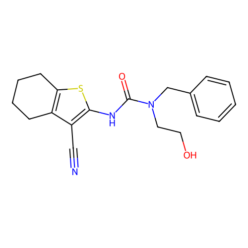 1-benzyl-3-(3-cyano-4,5,6,7-tetrahydro-1-benzothiophen-2-yl)-1-(2-hydroxyethyl)urea structure