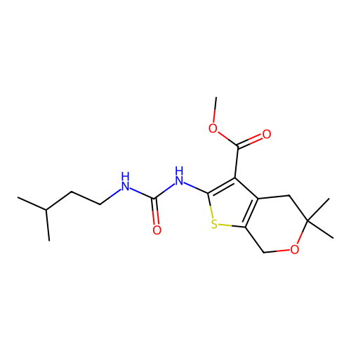methyl 2-(3-isopentylureido)-5,5-dimethyl-5,7-dihydro-4H-thieno[2,3-c]pyran-3-carboxylate structure