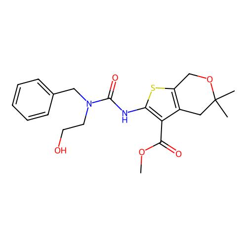 methyl 2-[[benzyl(2-hydroxyethyl)carbamoyl]amino]-5,5-dimethyl-4,7-dihydrothieno[2,3-c]pyran-3-carboxylate structure