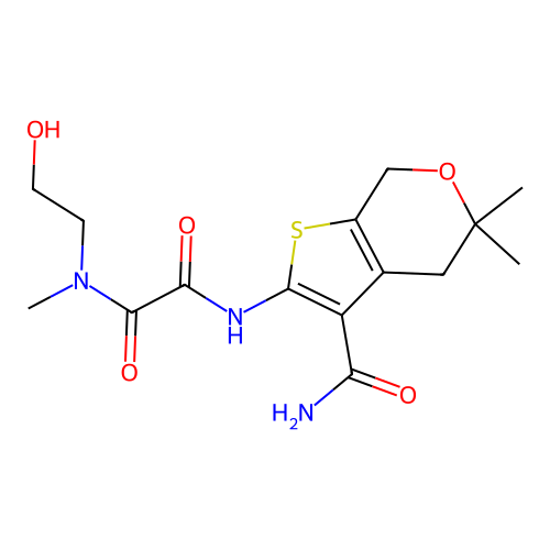 N'-(3-carbamoyl-5,5-dimethyl-4,7-dihydro-5H-thieno[2,3-c]pyran-2-yl)-N-(2-hydroxyethyl)-N-methylethanediamide structure