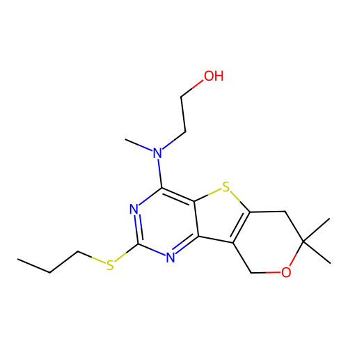2-{[7,7-dimethyl-2-(propylsulfanyl)-6,9-dihydro-7H-pyrano[3',4':4,5]thieno[3,2-d]pyrimidin-4-yl](methyl)amino}ethanol structure