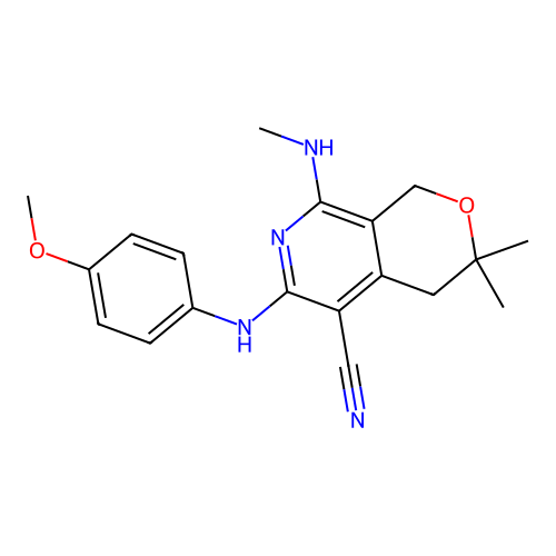 6-((4-methoxyphenyl)amino)-3,3-dimethyl-8-(methylamino)-3,4-dihydro-1H-pyrano[3,4-c]pyridine-5-carbonitrile structure