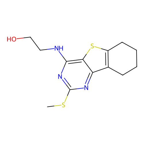 2-((2-(methylthio)-6,7,8,9-tetrahydrobenzo[4,5]thieno[3,2-d]pyrimidin-4-yl)amino)ethanol structure