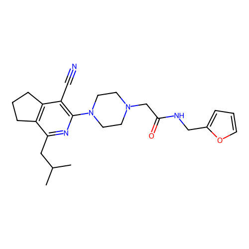 2-(4-(4-cyano-1-isobutyl-6,7-dihydro-5H-cyclopenta[c]pyridin-3-yl)piperazin-1-yl)-N-(furan-2-ylmethyl)acetamide structure