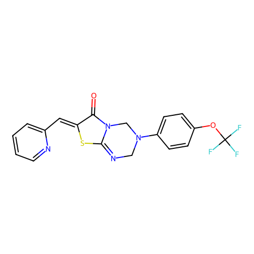 (7Z)-7-(pyridin-2-ylmethylidene)-3-[4-(trifluoromethoxy)phenyl]-2,4-dihydro-[1,3]thiazolo[3,2-a][1,3,5]triazin-6-one structure