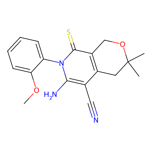 6-amino-7-(2-methoxyphenyl)-3,3-dimethyl-8-thioxo-3,4,7,8-tetrahydro-1H-pyrano[3,4-c]pyridine-5-carbonitrile structure