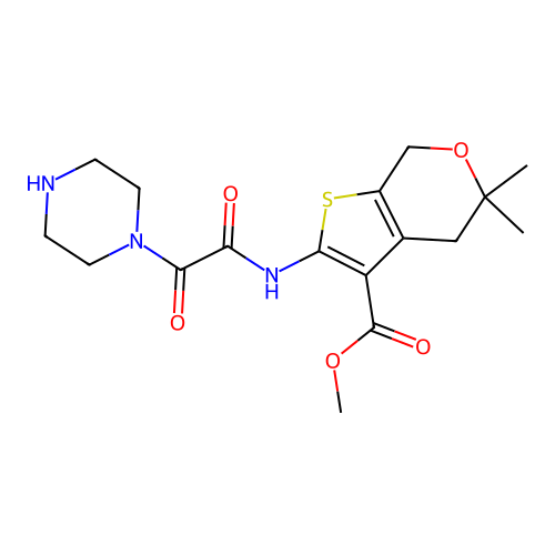 methyl 5,5-dimethyl-2-(2-oxo-2-(piperazin-1-yl)acetamido)-5,7-dihydro-4H-thieno[2,3-c]pyran-3-carboxylate structure