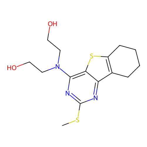 2,2'-((2-(methylthio)-6,7,8,9-tetrahydrobenzo[4,5]thieno[3,2-d]pyrimidin-4-yl)azanediyl)diethanol structure