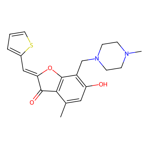 (Z)-6-hydroxy-4-methyl-7-((4-methylpiperazin-1-yl)methyl)-2-(thiophen-2-ylmethylene)benzofuran-3(2H)-one structure