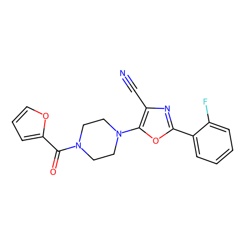 2-(2-fluorophenyl)-5-[4-(furan-2-carbonyl)piperazin-1-yl]-1,3-oxazole-4-carbonitrile structure