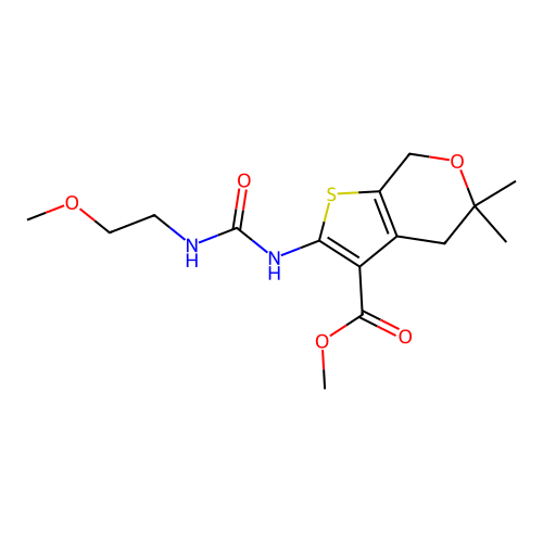 methyl 2-(2-methoxyethylcarbamoylamino)-5,5-dimethyl-4,7-dihydrothieno[2,3-c]pyran-3-carboxylate structure
