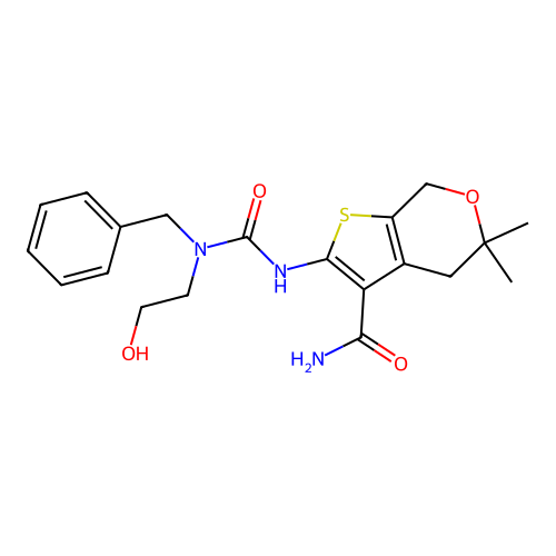 2-[[benzyl(2-hydroxyethyl)carbamoyl]amino]-5,5-dimethyl-4,7-dihydrothieno[2,3-c]pyran-3-carboxamide structure