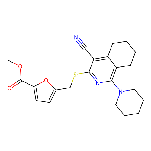 methyl 5-(((4-cyano-1-(piperidin-1-yl)-5,6,7,8-tetrahydroisoquinolin-3-yl)thio)methyl)furan-2-carboxylate structure