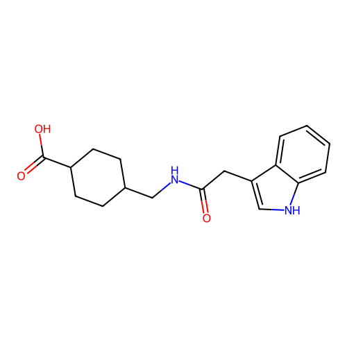 trans-4-{[(1H-indol-3-ylacetyl)amino]methyl}cyclohexanecarboxylic acid structure