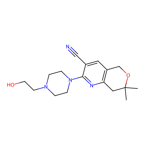 2-[4-(2-hydroxyethyl)piperazin-1-yl]-7,7-dimethyl-5,8-dihydropyrano[4,3-b]pyridine-3-carbonitrile structure